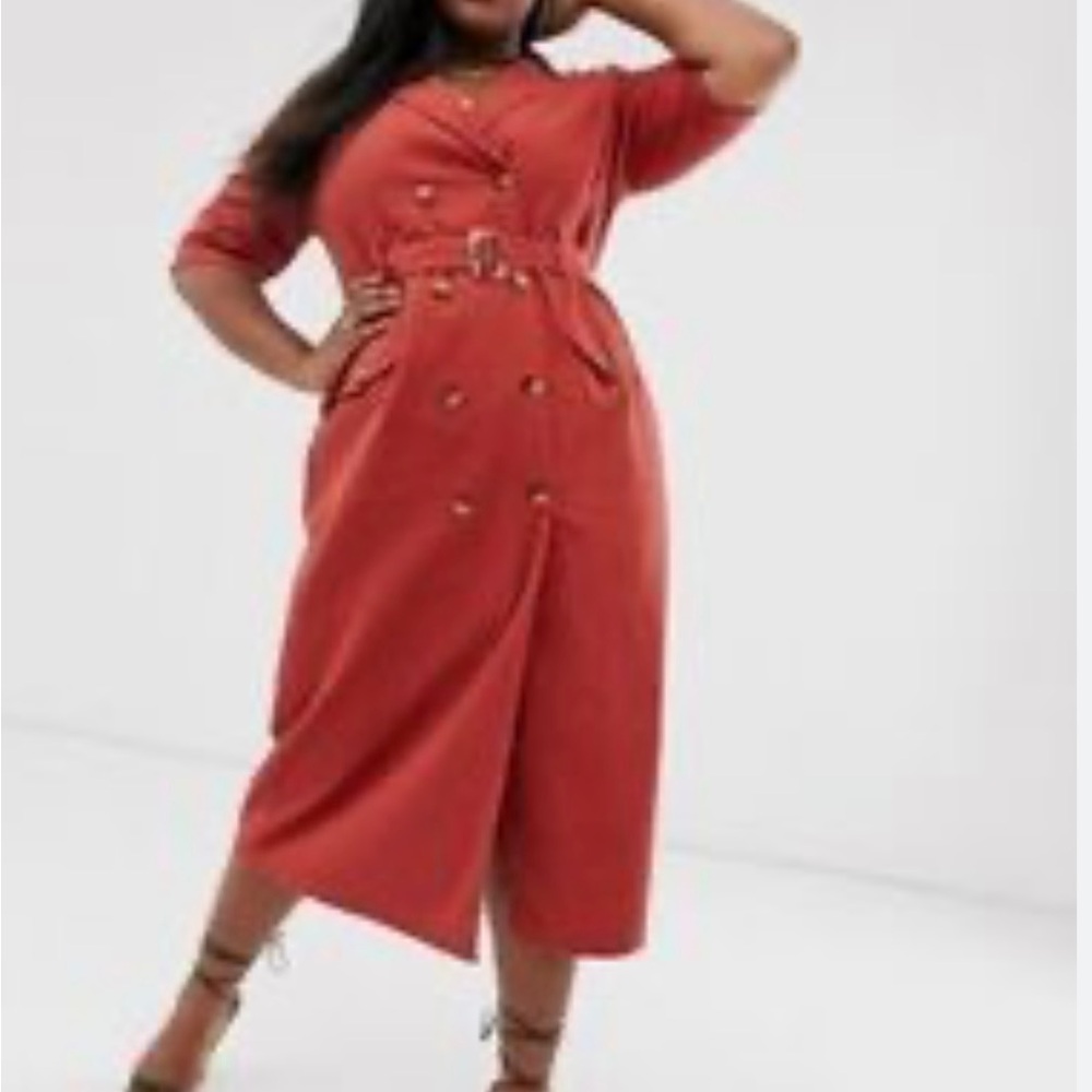 ❤️ASOS Curve denim double breasted midi dress with short sleeve in rust US24.